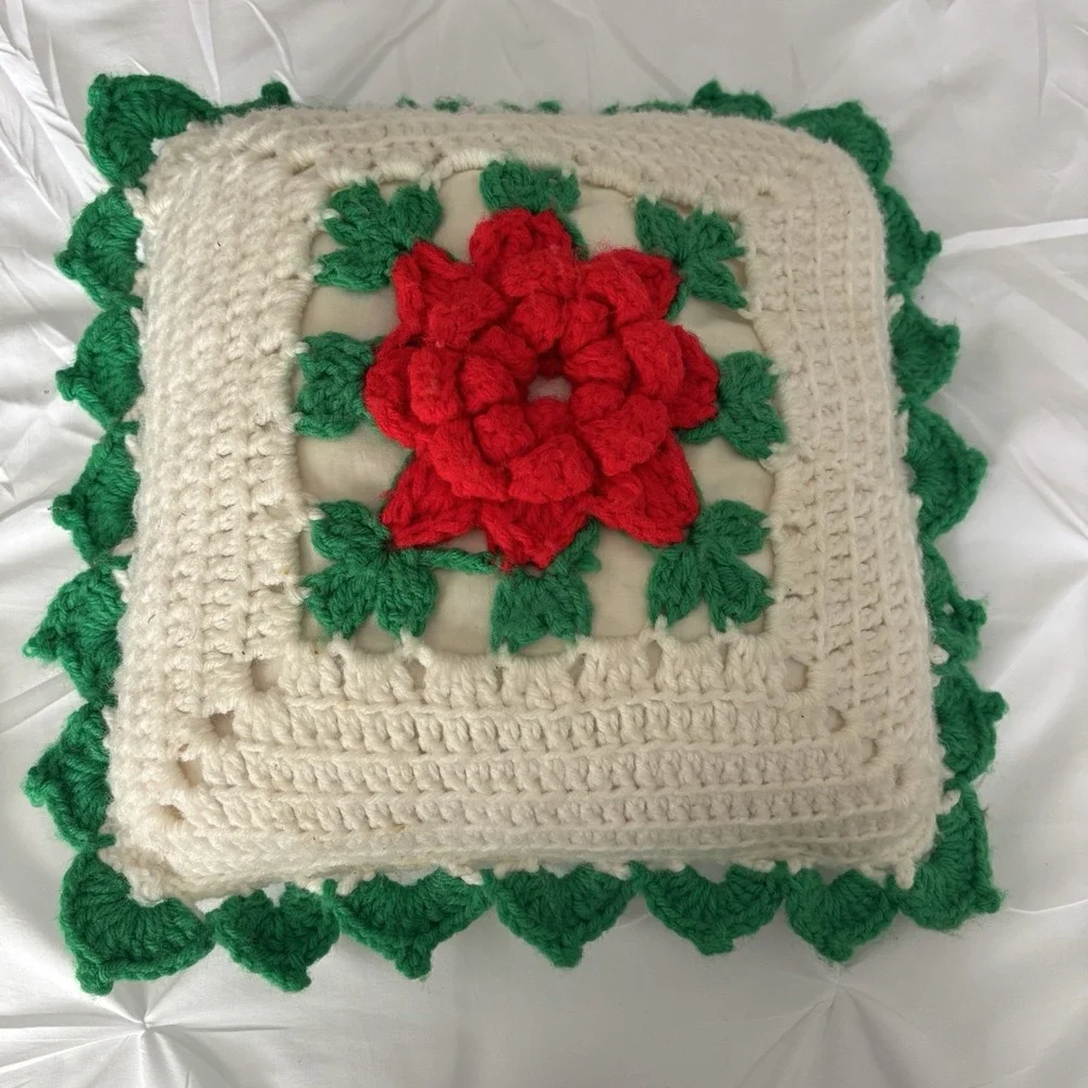 Vintage, Handcrafted set of 2 Square Crochet Flower Christmas Pillows 16
